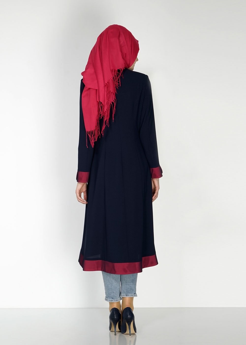 Tesettür giyim LACİVERT FERMUARLI KENDİNDEN DESENLİ TRENÇKOT 1575