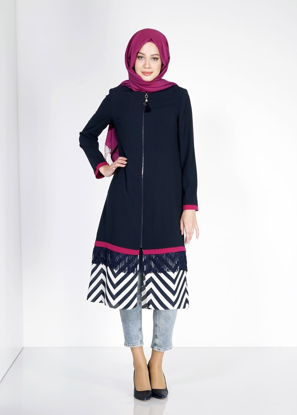 Hijab clothing NAVY BLUE 1576 Sufle Tesettür Trench