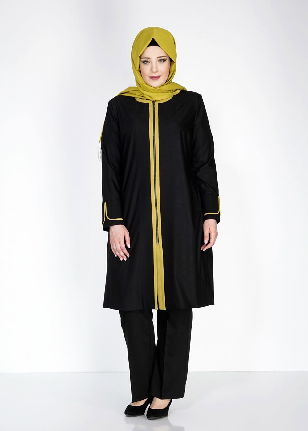 Tesettür giyim SİYAH 1586 Ekose TesettürTrench