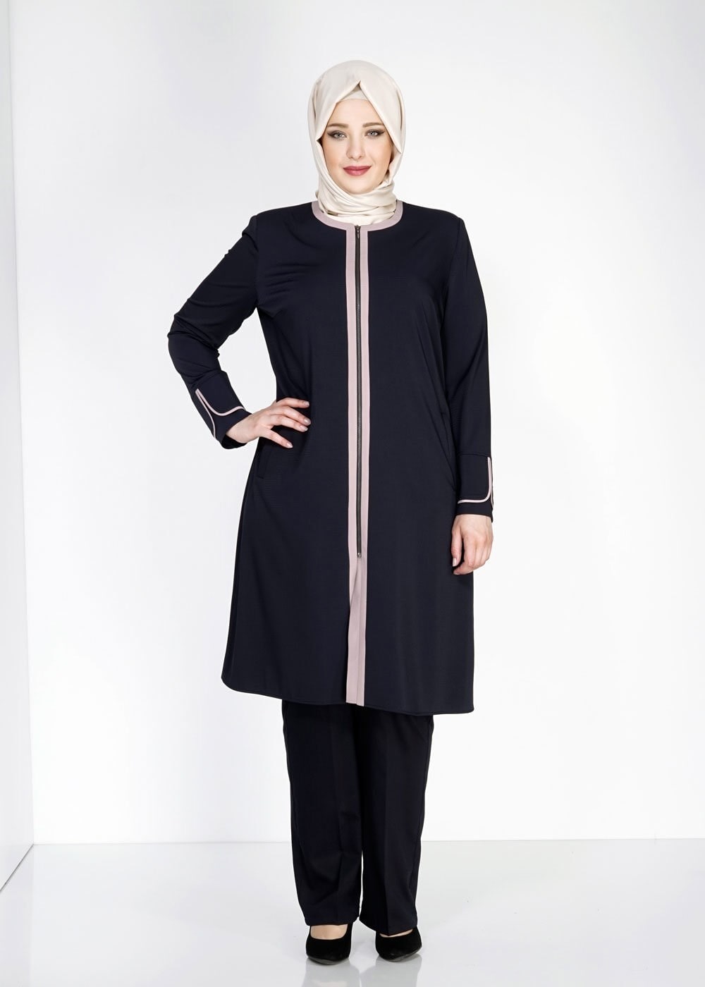 Tesettür giyim LACİVERT 1586 Ekose TesettürTrench