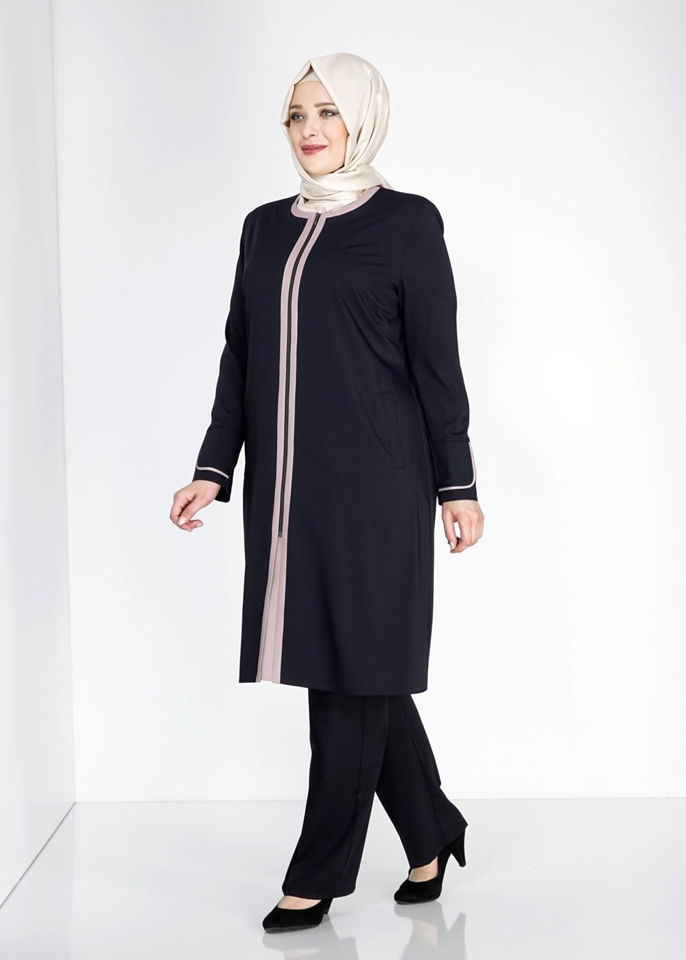 Tesettür giyim LACİVERT 1586 Ekose TesettürTrench