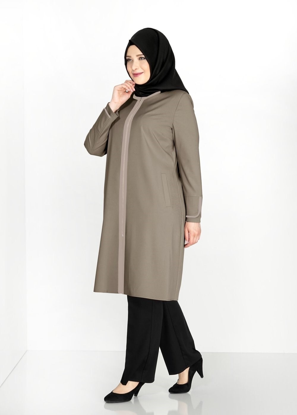 Tesettür giyim VİZON 1586 Ekose TesettürTrench