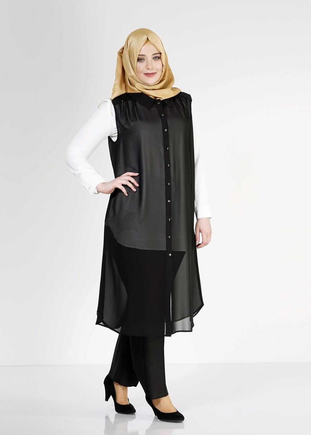 Hijab clothing BLACK 2468 New Multi Tesettür Şifon Yelek