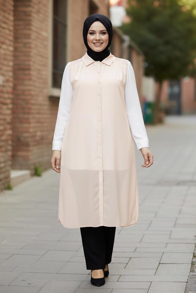 Hijab clothing BEIGE SHIRT COLLAR CHIFFON VEST 2468 - ALVİNA