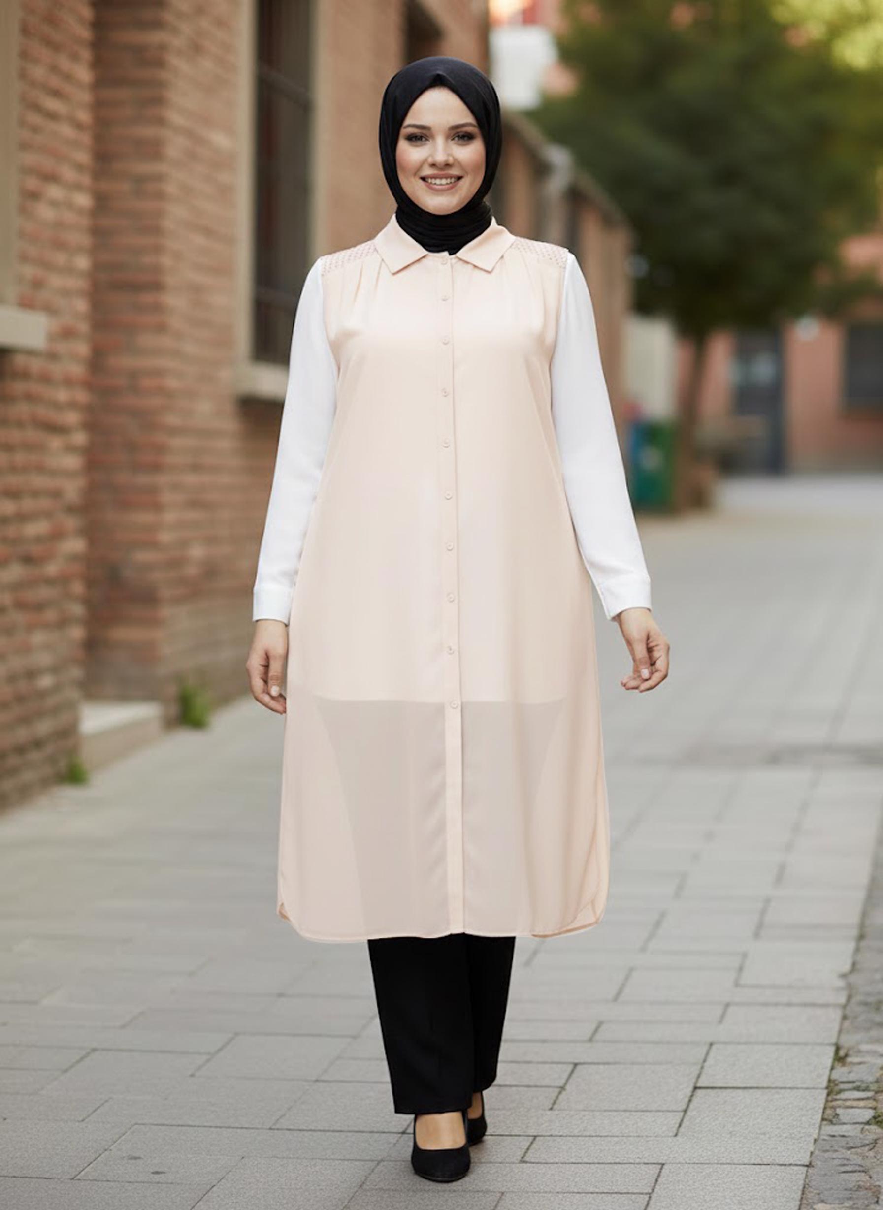 Hijab clothing BEIGE SHIRT COLLAR CHIFFON VEST 2468