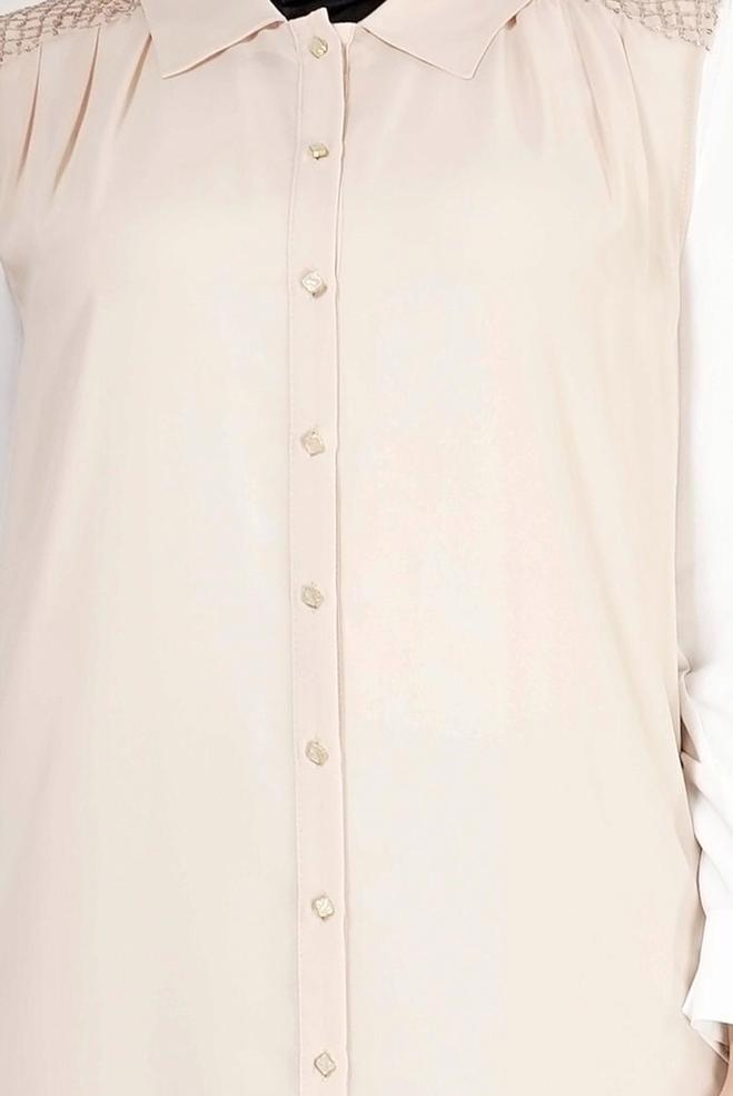 Hijab clothing BEIGE SHIRT COLLAR CHIFFON VEST 2468 - ALVİNA