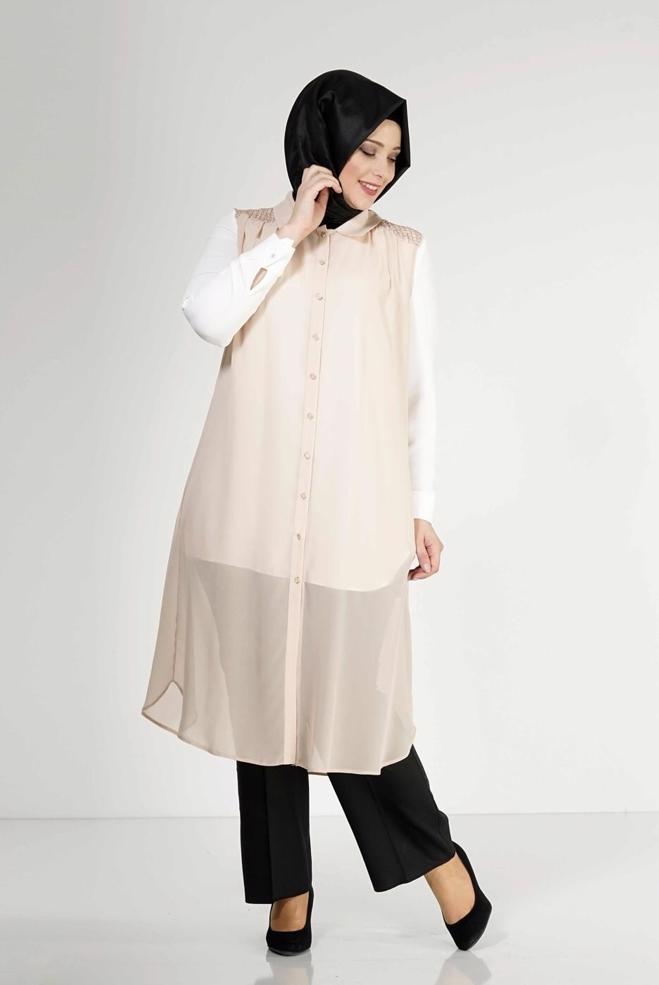 Hijab clothing BEIGE 2468 New Multi Tesettür Şifon Yelek - ALVİNA