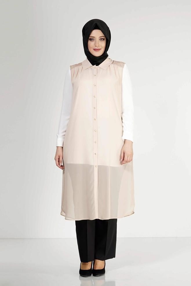 Hijab clothing BEIGE 2468 New Multi Tesettür Şifon Yelek - ALVİNA