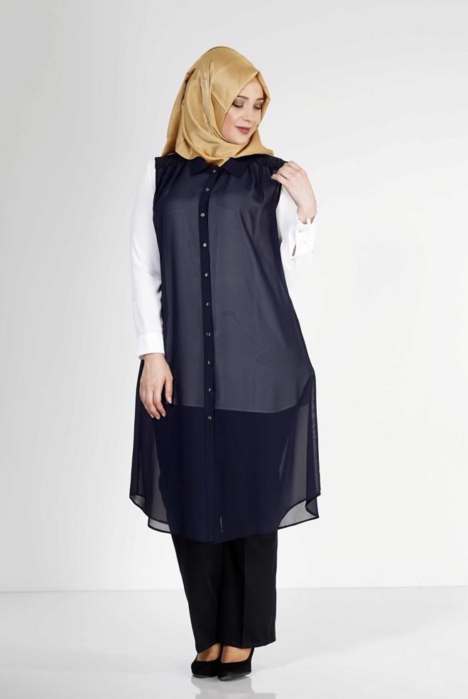 Hijab clothing NAVY BLUE 2468 New Multi Tesettür Şifon Yelek - ALVİNA