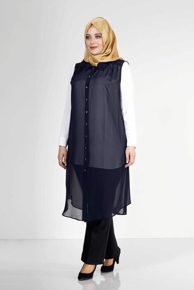 Hijab clothing NAVY BLUE 2468 New Multi Tesettür Şifon Yelek - ALVİNA