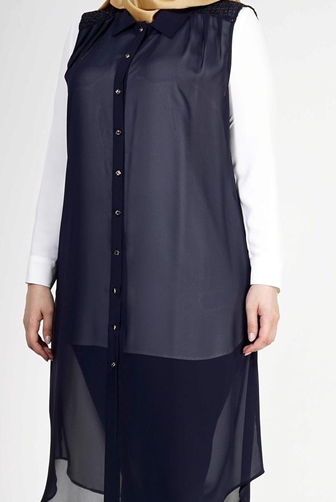Hijab clothing NAVY BLUE 2468 New Multi Tesettür Şifon Yelek - ALVİNA