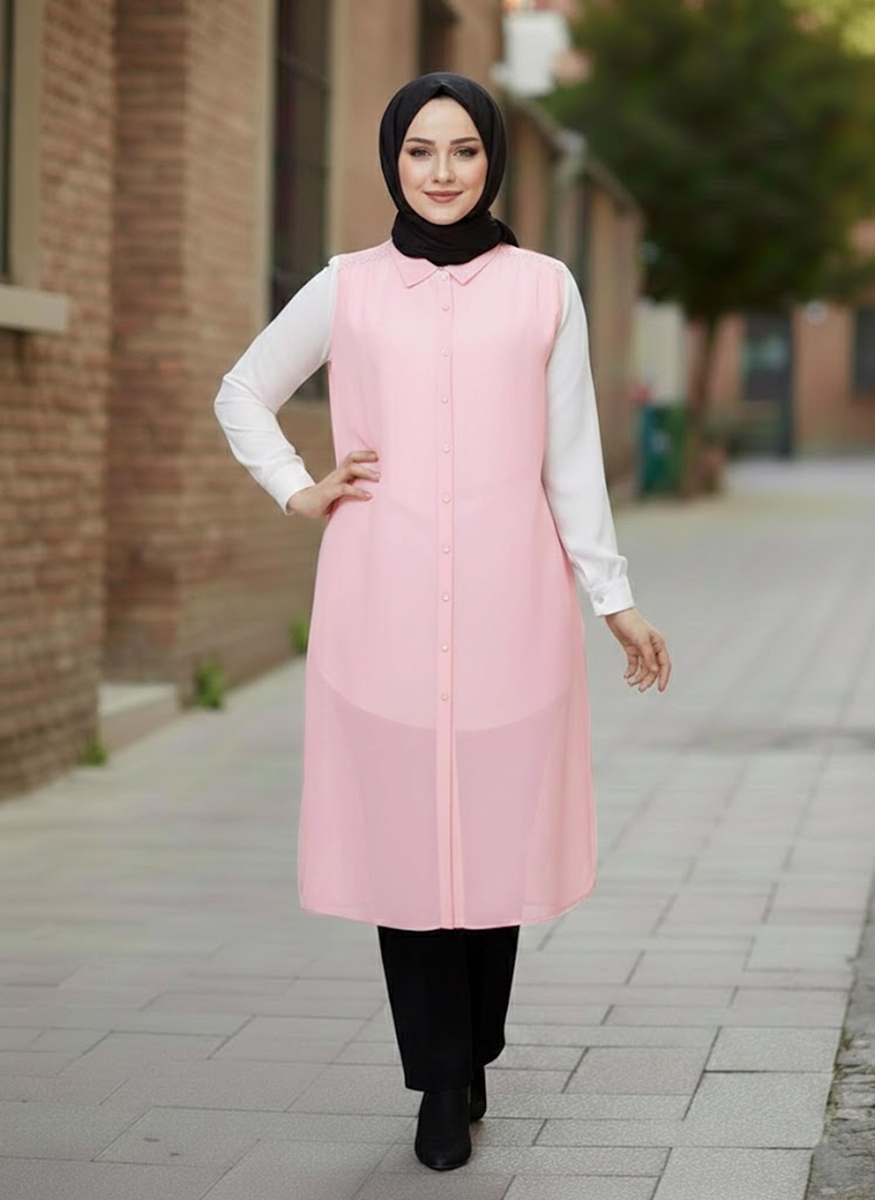 Tesettür giyim PUDRA GÖMLEK YAKA ŞİFON YELEK 2468