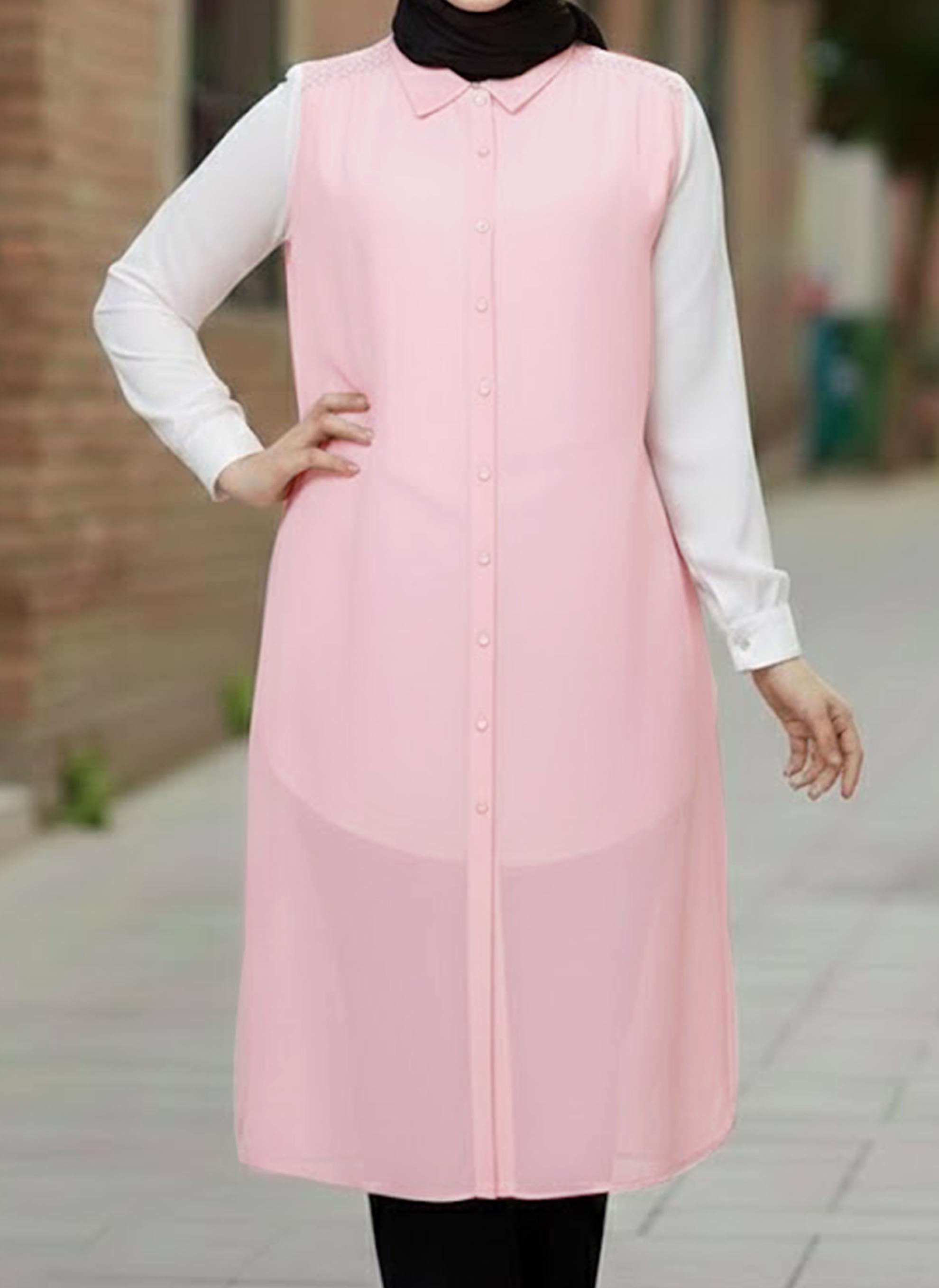 Tesettür giyim PUDRA GÖMLEK YAKA ŞİFON YELEK 2468