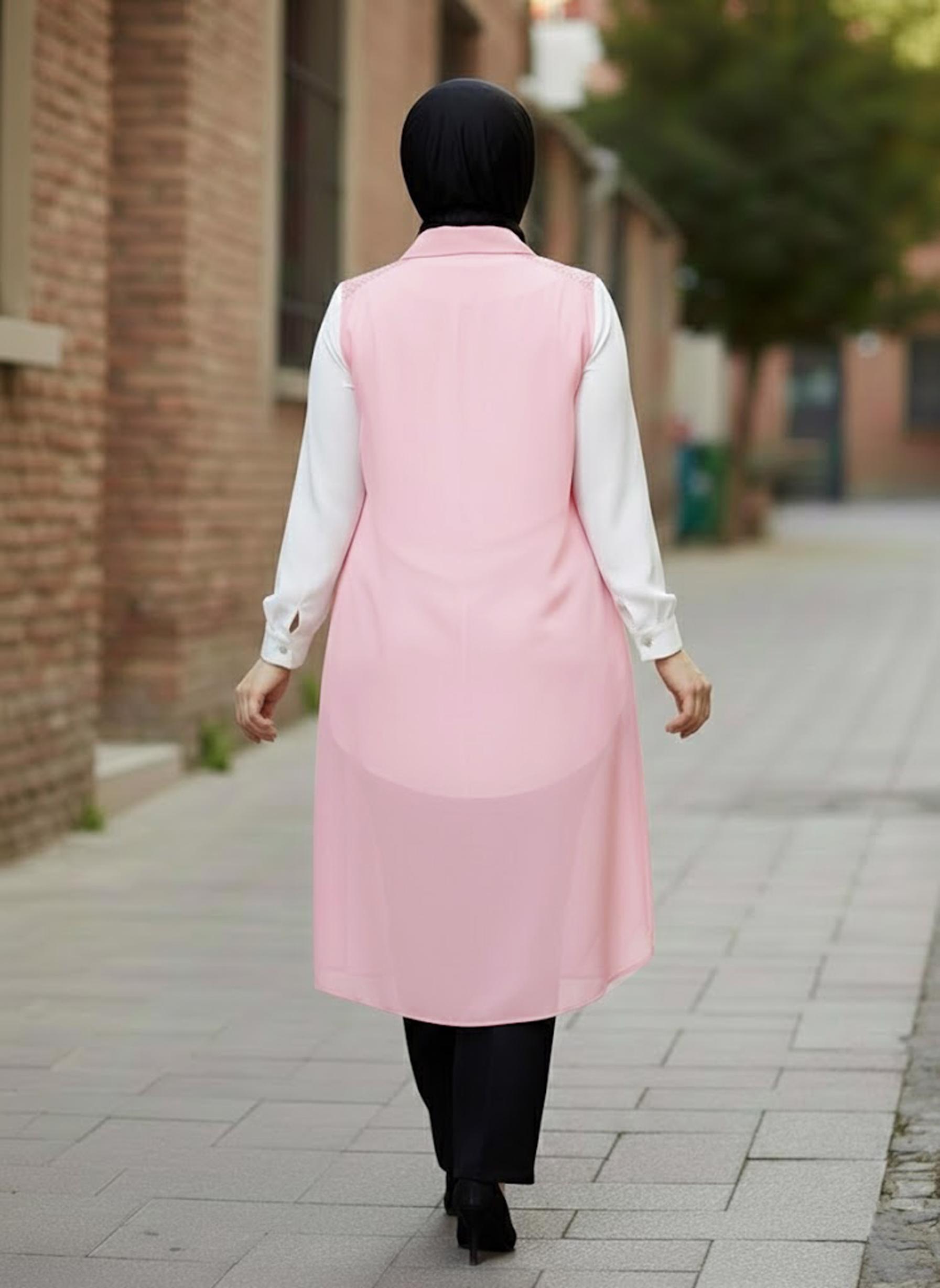 Tesettür giyim PUDRA GÖMLEK YAKA ŞİFON YELEK 2468