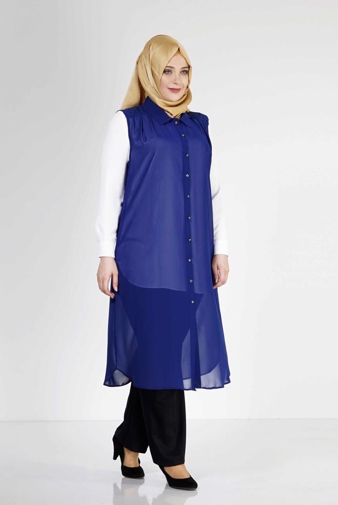 Hijab clothing NAVY BLUE 2468 New Multi Tesettür Şifon Yelek - ALVİNA