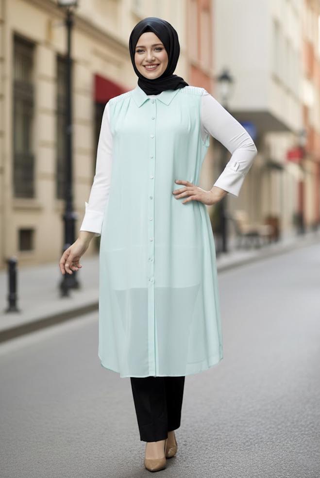 Hijab clothing BLUE SHIRT COLLAR CHIFFON VEST 2468 - ALVİNA