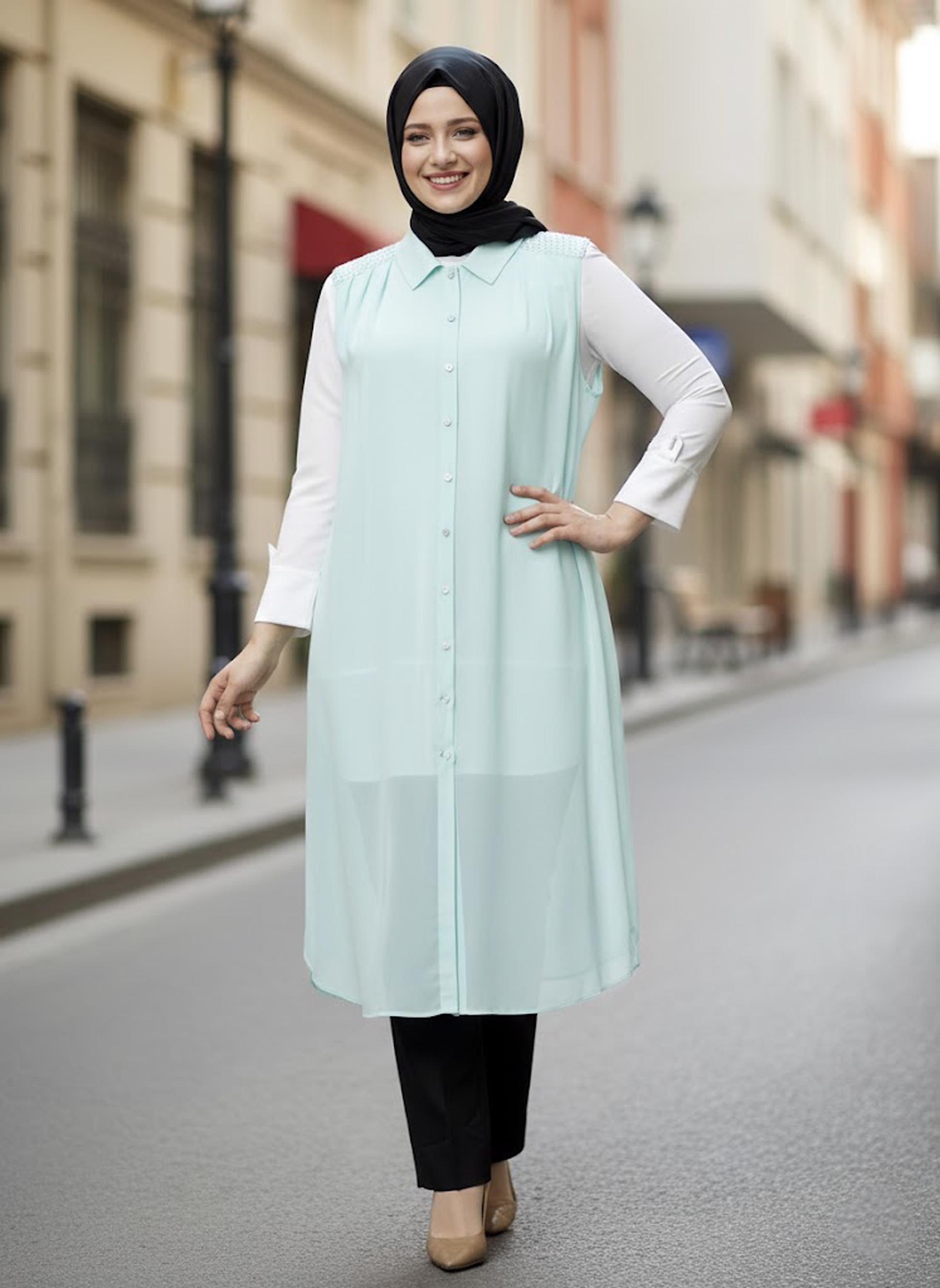 Tesettür giyim MAVİ GÖMLEK YAKA ŞİFON YELEK 2468