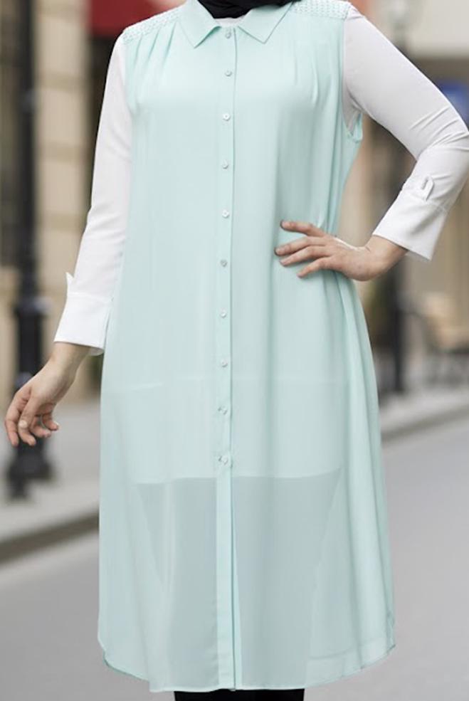 Hijab clothing BLUE SHIRT COLLAR CHIFFON VEST 2468 - ALVİNA