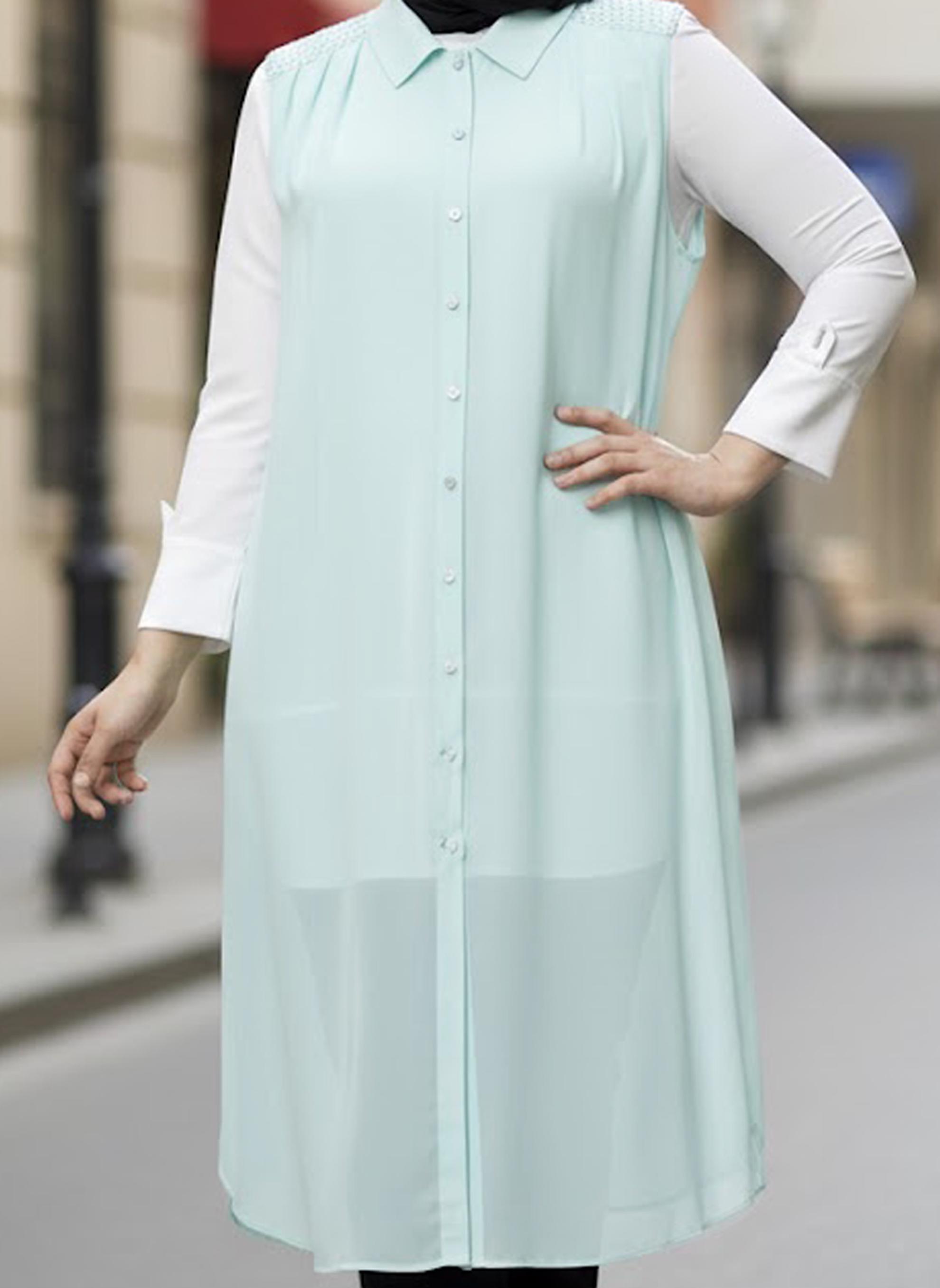 Tesettür giyim MAVİ GÖMLEK YAKA ŞİFON YELEK 2468