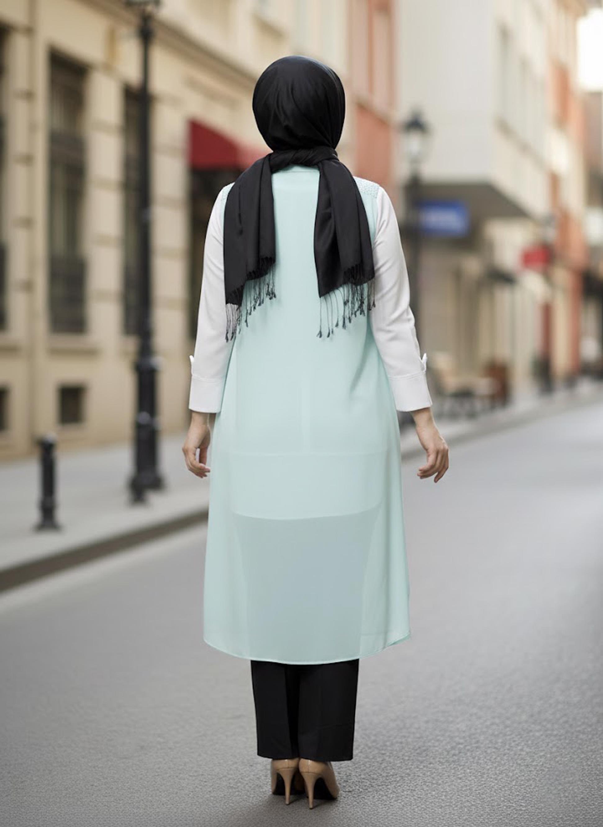 Tesettür giyim MAVİ GÖMLEK YAKA ŞİFON YELEK 2468