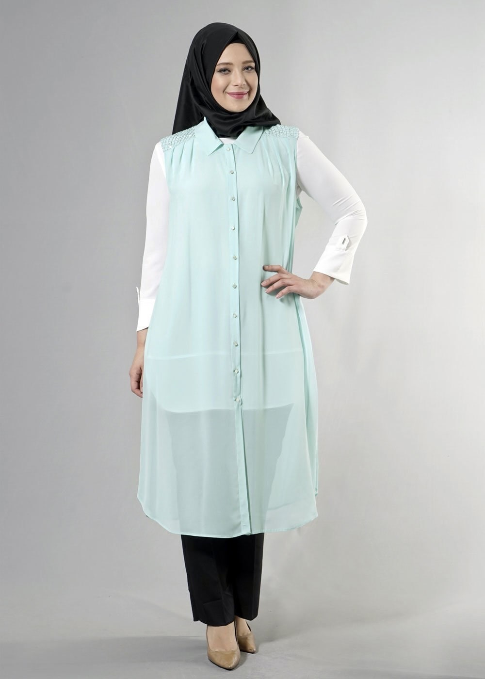 Tesettür giyim MAVİ 2468 New Multi Tesettür Şifon Yelek