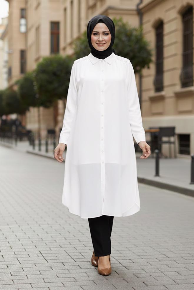 Hijab clothing WHITE SHIRT COLLAR CHIFFON VEST 2468 - ALVİNA