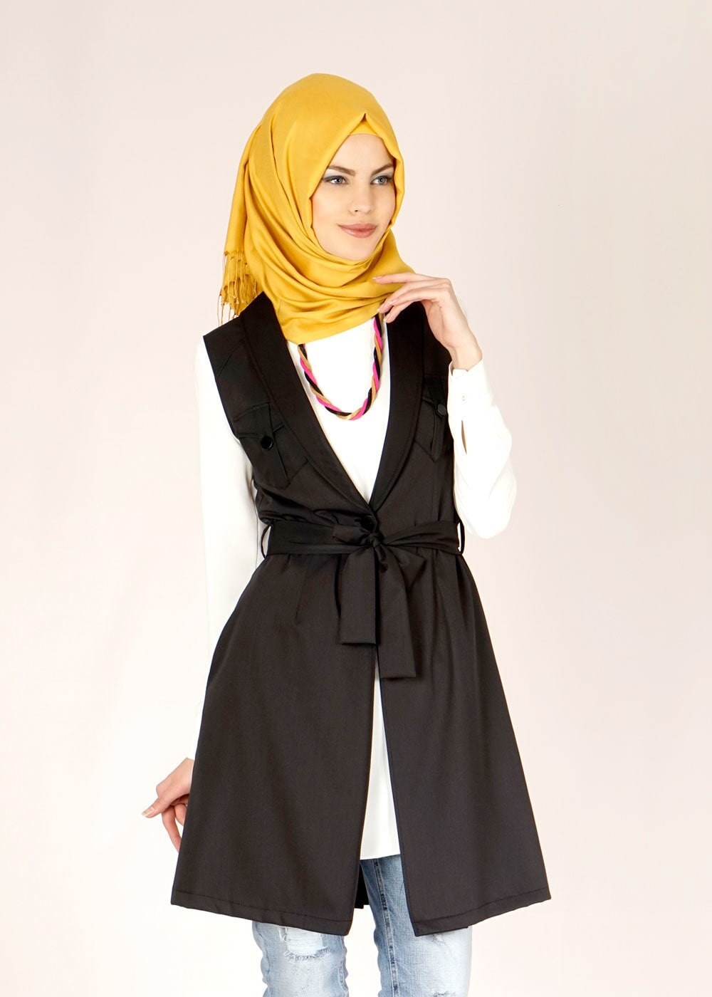 Tesettür giyim SİYAH CEP DETAYLI KUŞAKLI YELEK 4684 
