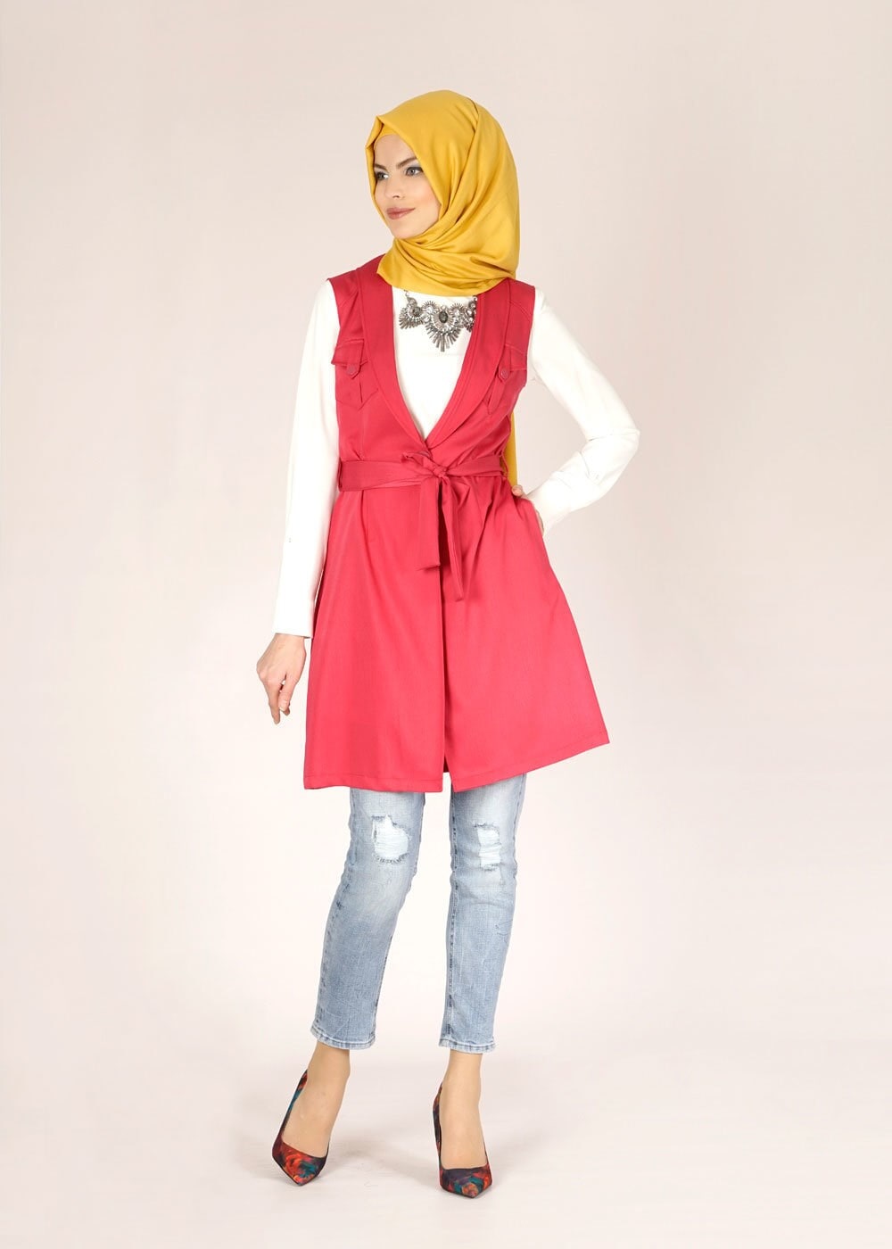 Tesettür giyim KIRMIZI CEP DETAYLI KUŞAKLI YELEK 4684 