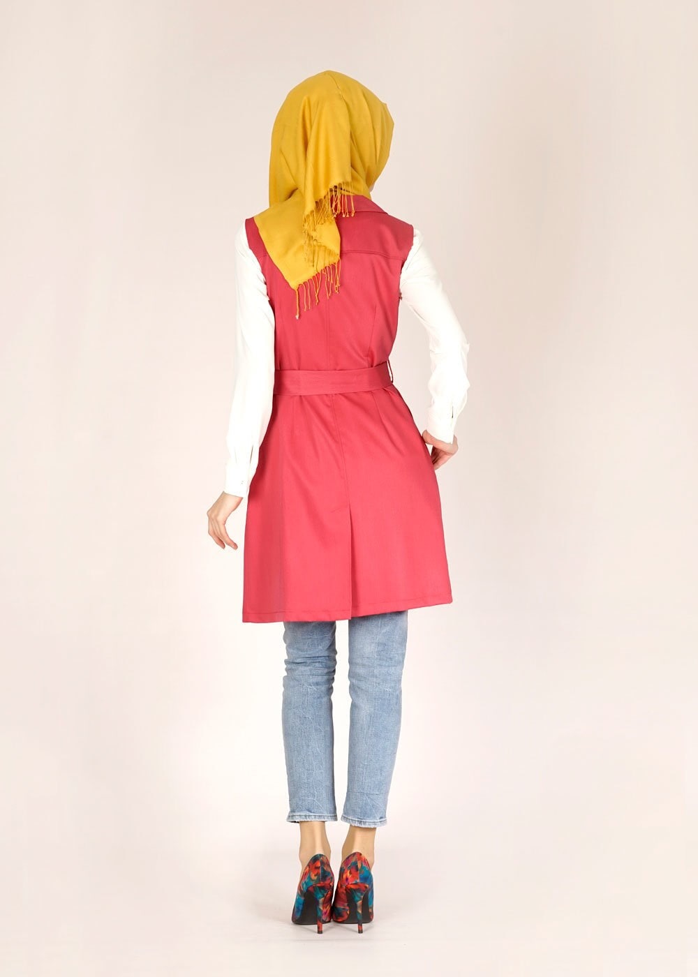 Tesettür giyim KIRMIZI CEP DETAYLI KUŞAKLI YELEK 4684 