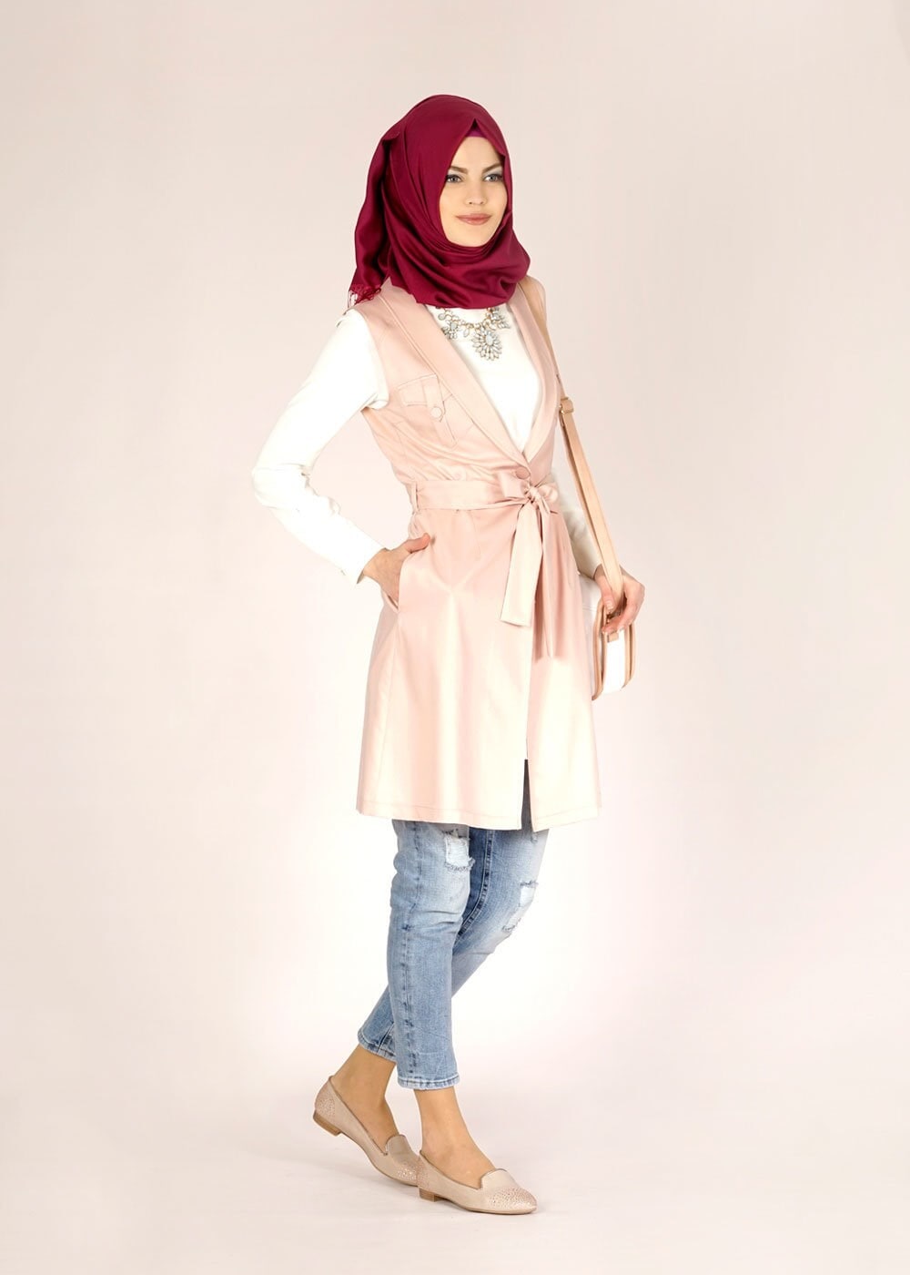 Tesettür giyim PUDRA CEP DETAYLI KUŞAKLI YELEK 4684 