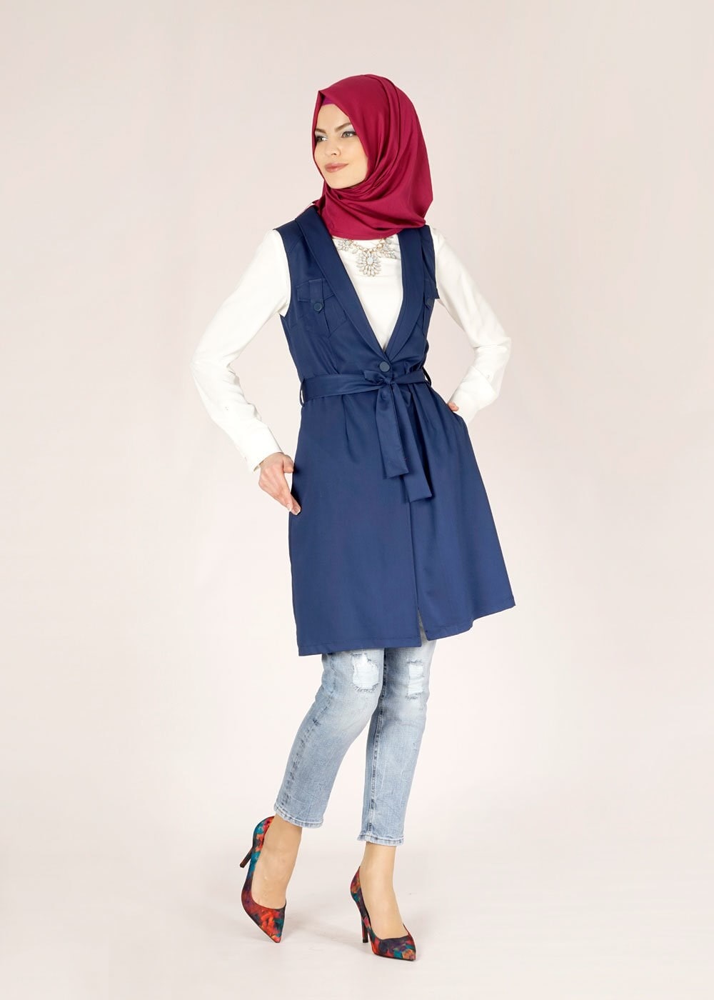 Tesettür giyim LACİVERT CEP DETAYLI KUŞAKLI YELEK 4684 