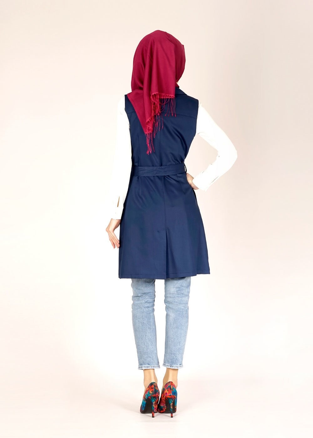 Tesettür giyim LACİVERT CEP DETAYLI KUŞAKLI YELEK 4684 