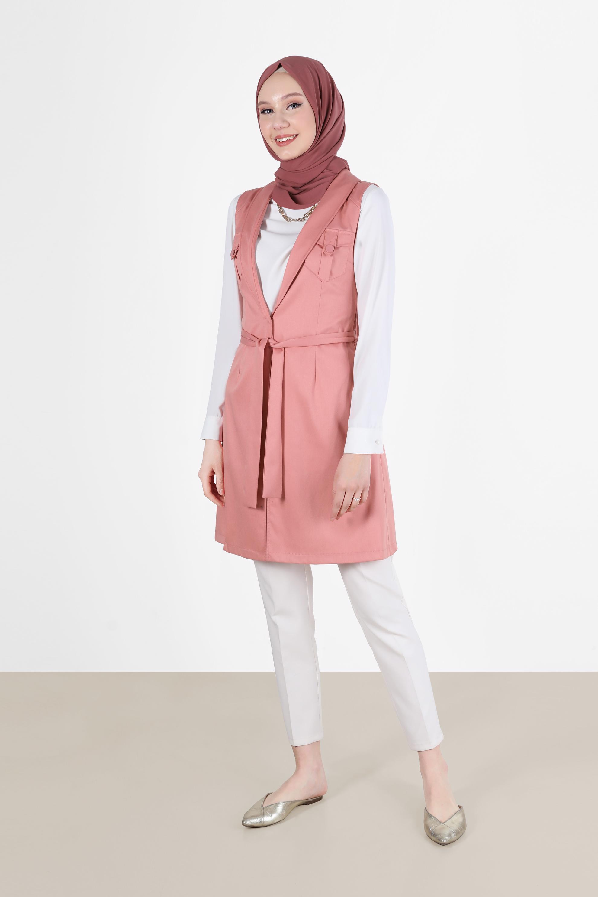 Tesettür giyim TURUNCU CEP DETAYLI KUŞAKLI YELEK 4684 