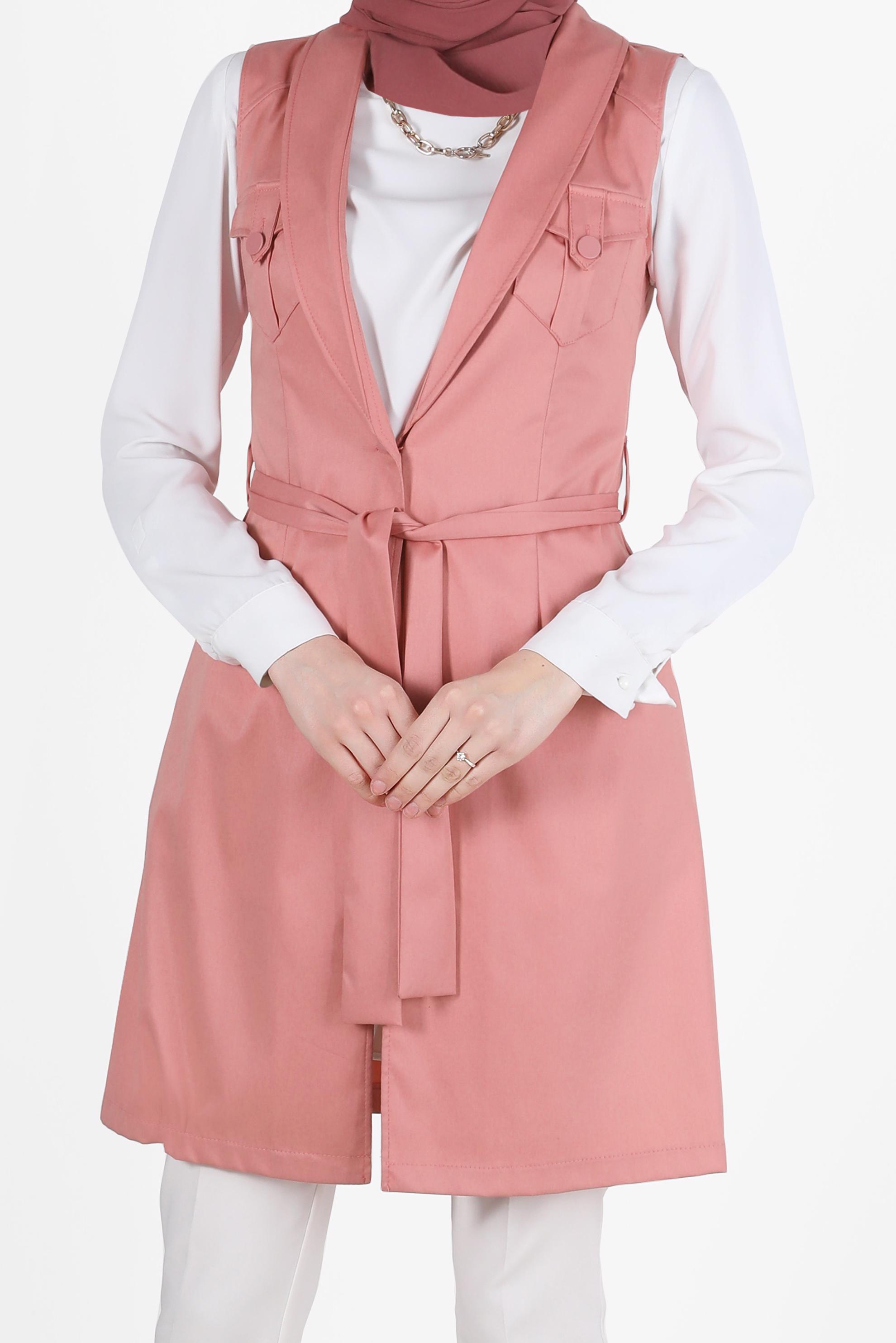 Tesettür giyim TURUNCU CEP DETAYLI KUŞAKLI YELEK 4684 