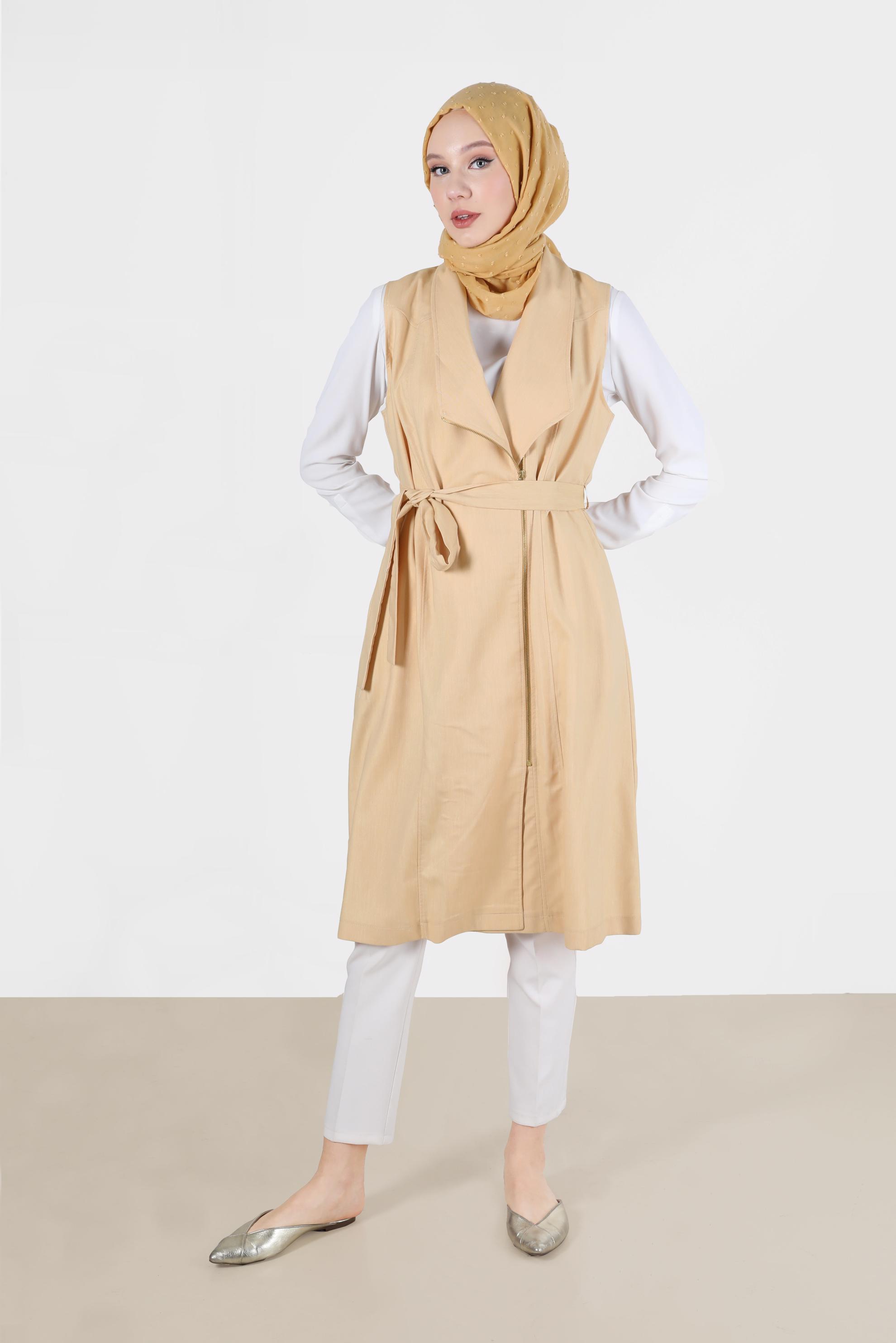 Tesettür giyim ALTIN BELİ KUŞAKLI KRUVAZE YAKA FERMUARLI YELEK 4685 