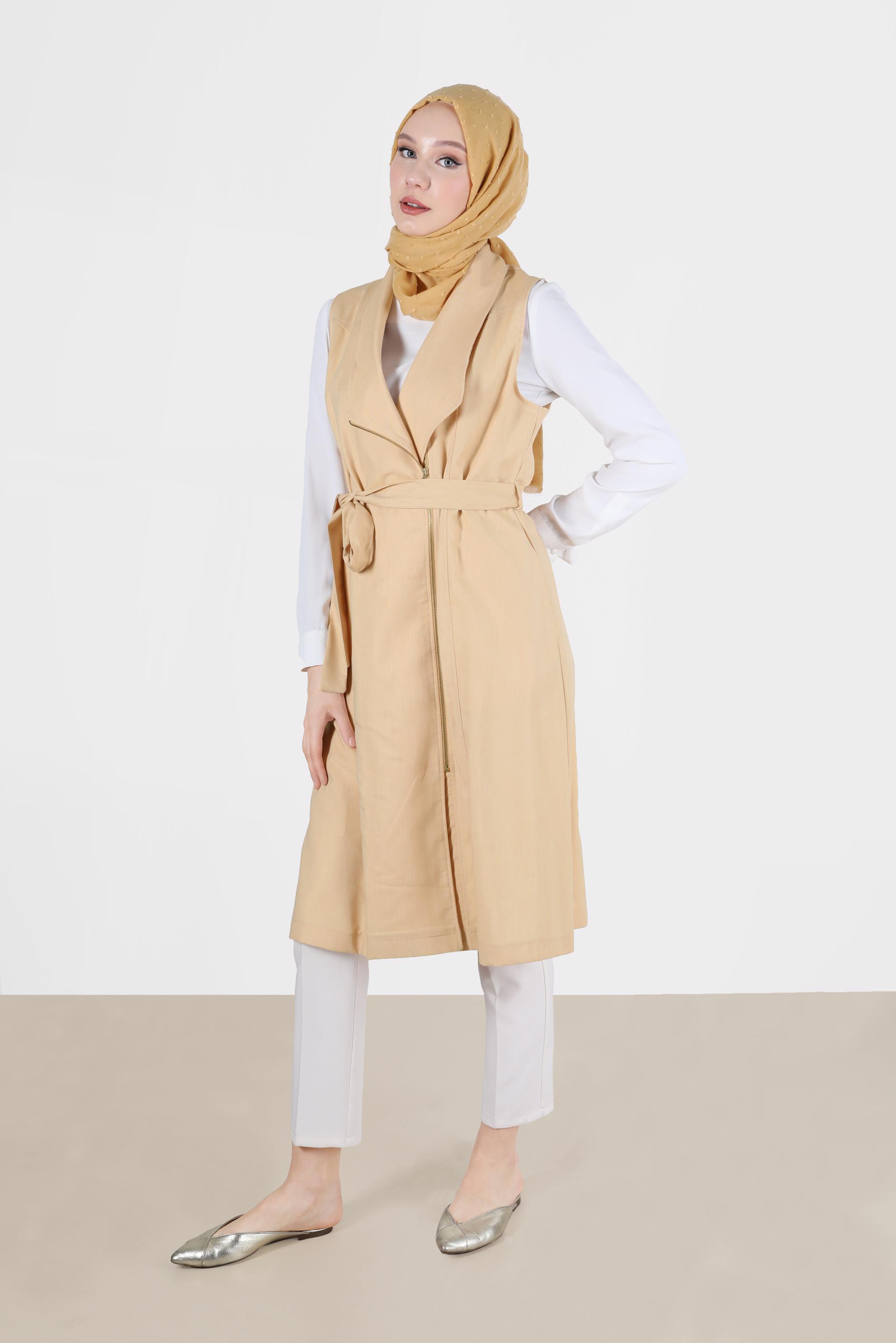 Tesettür giyim ALTIN BELİ KUŞAKLI KRUVAZE YAKA FERMUARLI YELEK 4685 