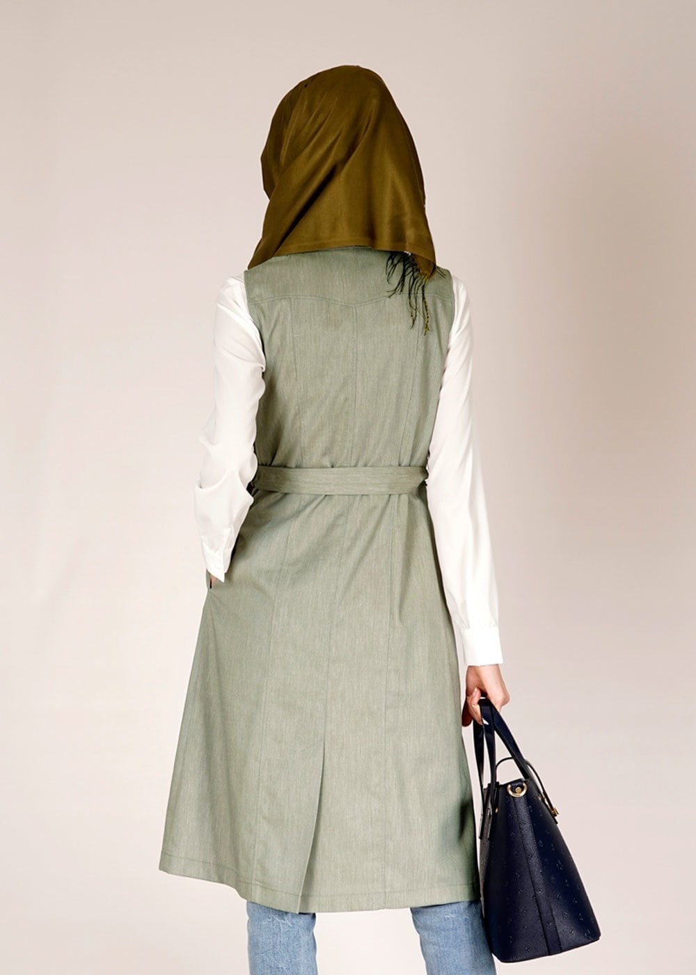 Tesettür giyim HAKİ BELİ KUŞAKLI KRUVAZE YAKA FERMUARLI YELEK 4685 