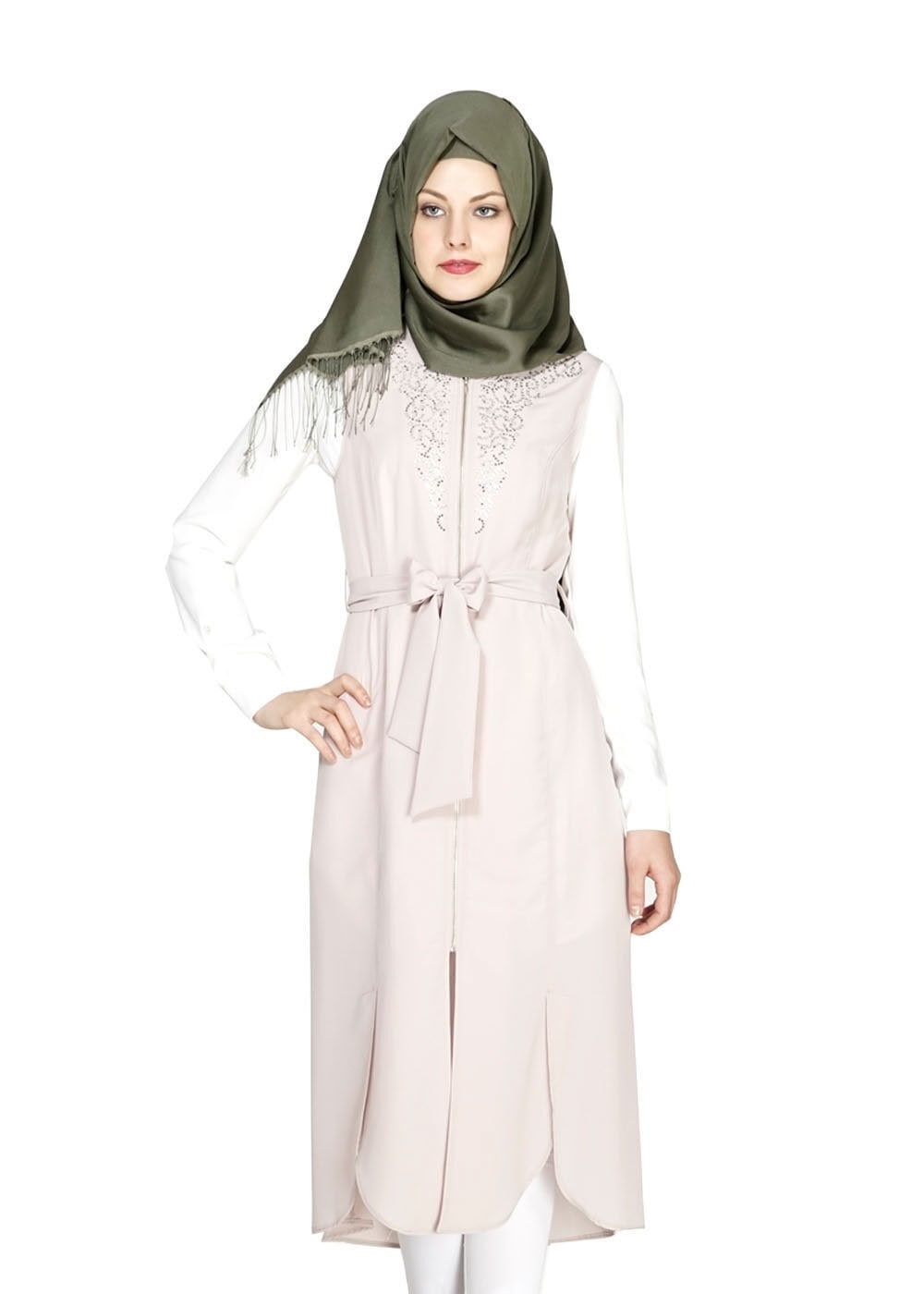 Tesettür giyim BEJ FERMUAR DETAYLI TAŞLI YELEK 4737