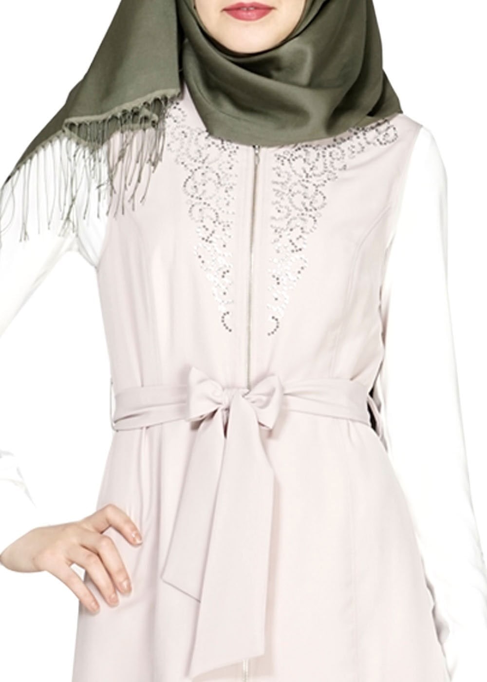 Tesettür giyim BEJ FERMUAR DETAYLI TAŞLI YELEK 4737