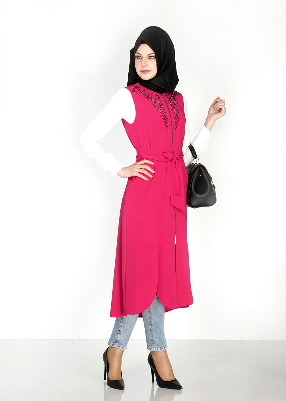 Tesettür giyim FUŞYA FERMUAR DETAYLI TAŞLI YELEK 4737