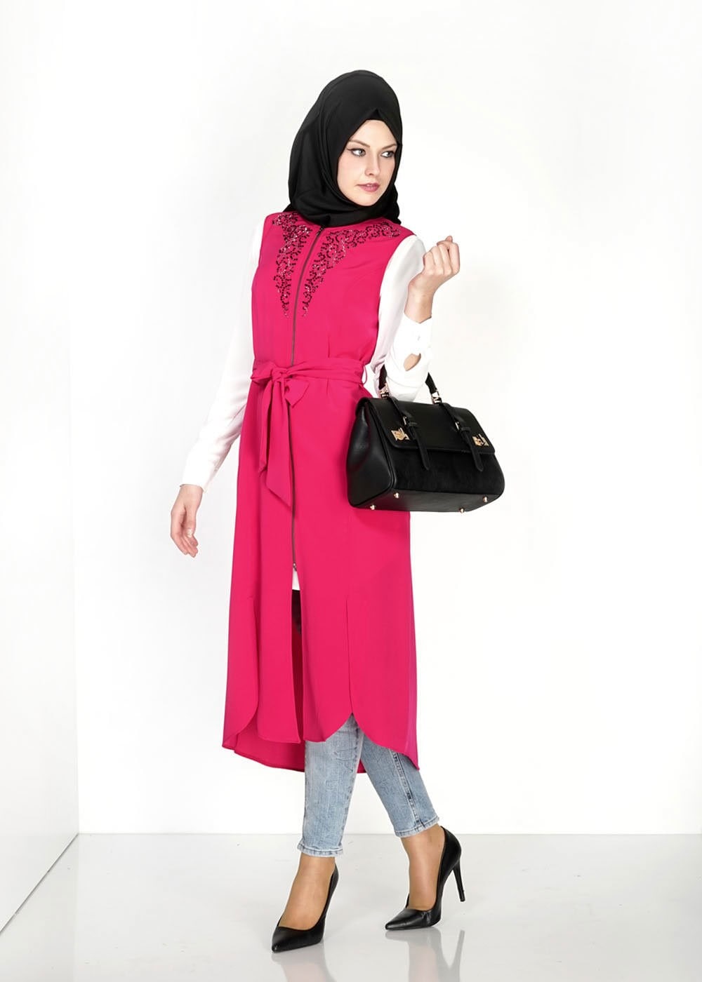 Tesettür giyim FUŞYA FERMUAR DETAYLI TAŞLI YELEK 4737