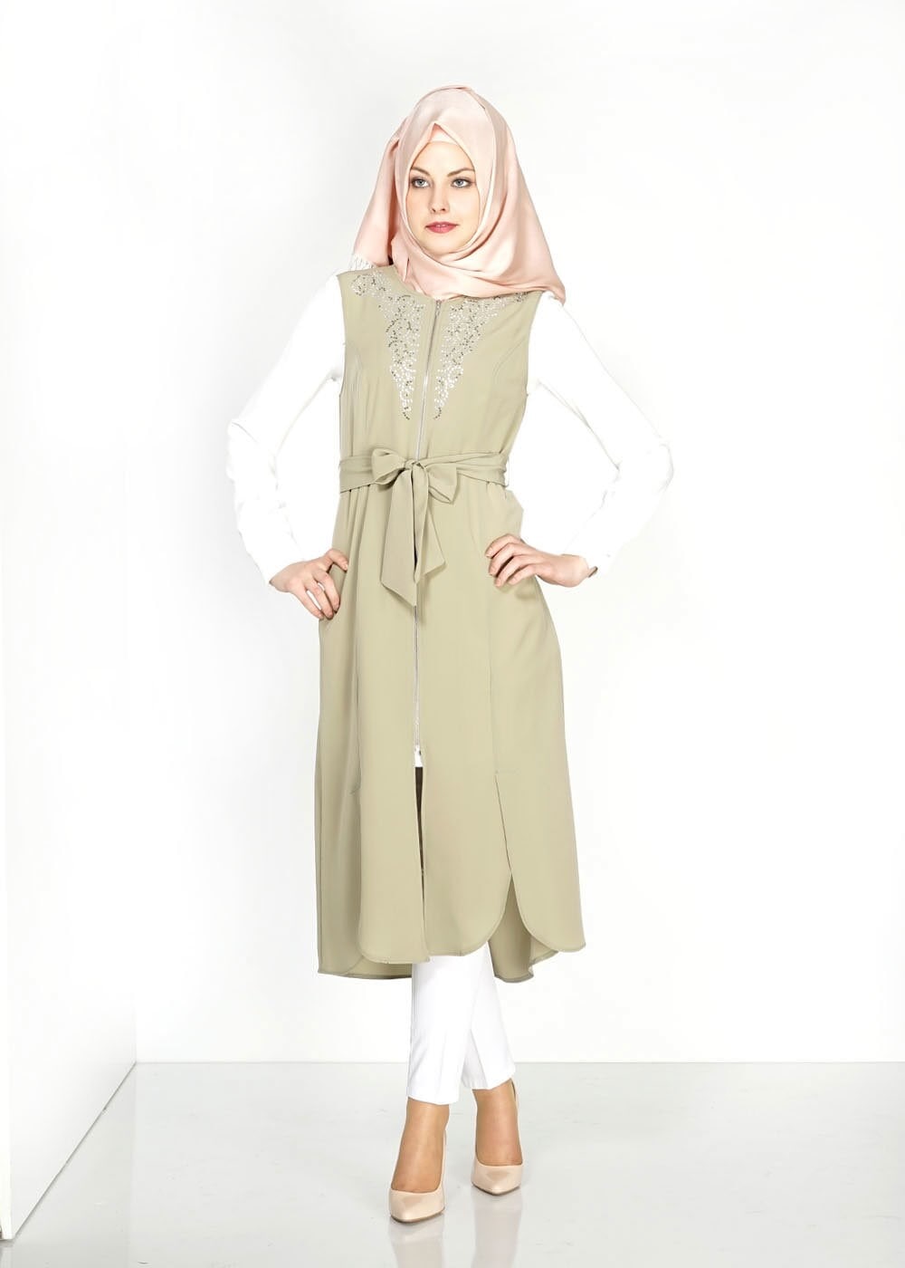 Tesettür giyim HAKİ FERMUAR DETAYLI TAŞLI YELEK 4737