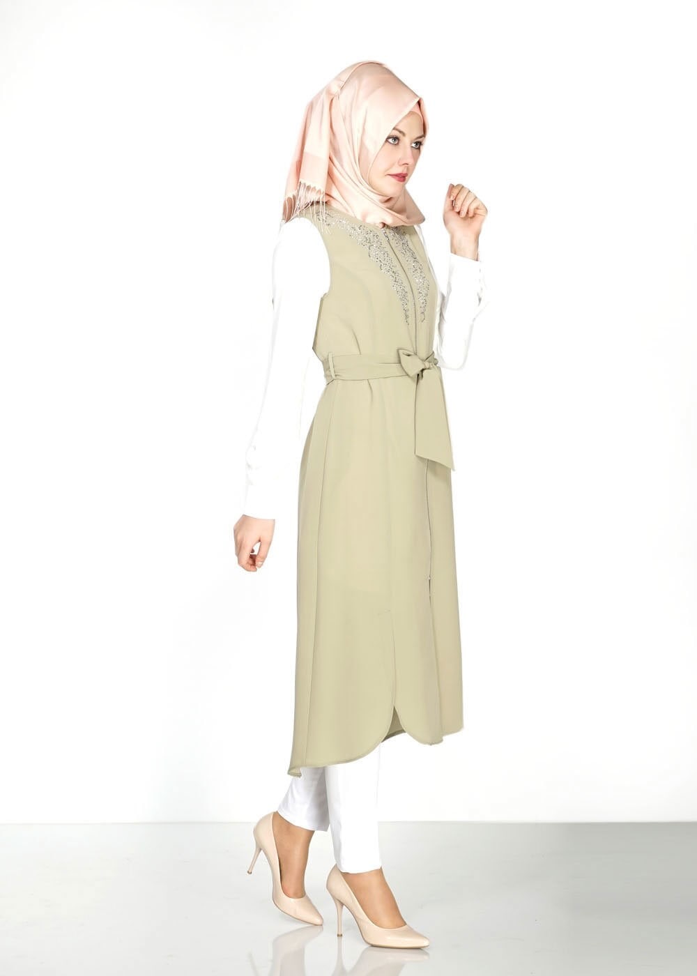 Tesettür giyim HAKİ FERMUAR DETAYLI TAŞLI YELEK 4737