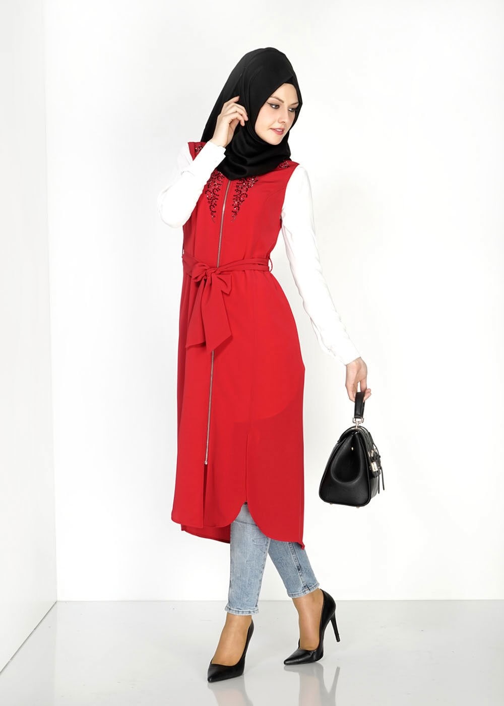 Tesettür giyim BORDO FERMUAR DETAYLI TAŞLI YELEK 4737