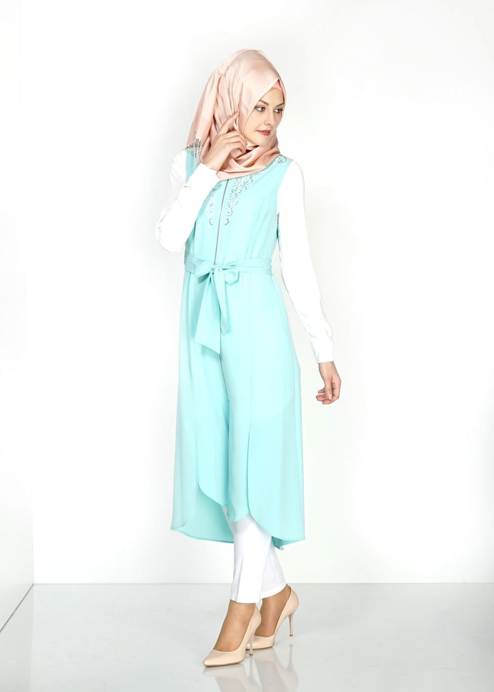 Tesettür giyim YEŞİL FERMUAR DETAYLI TAŞLI YELEK 4737