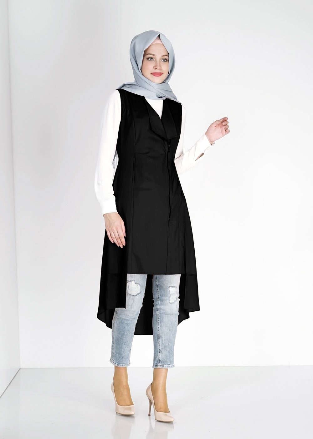Tesettür giyim SİYAH ASİMETRİK KESİM FERMUARLI YELEK 4794
