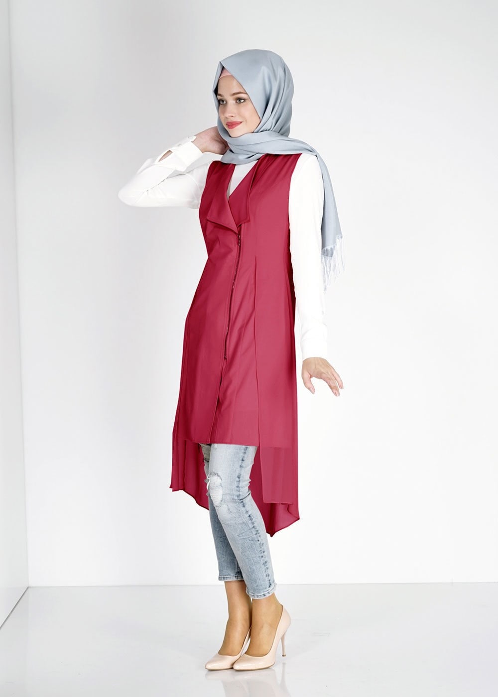 Tesettür giyim KIRMIZI ASİMETRİK KESİM FERMUARLI YELEK 4794
