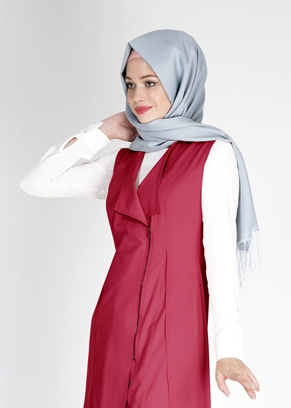 Tesettür giyim KIRMIZI ASİMETRİK KESİM FERMUARLI YELEK 4794