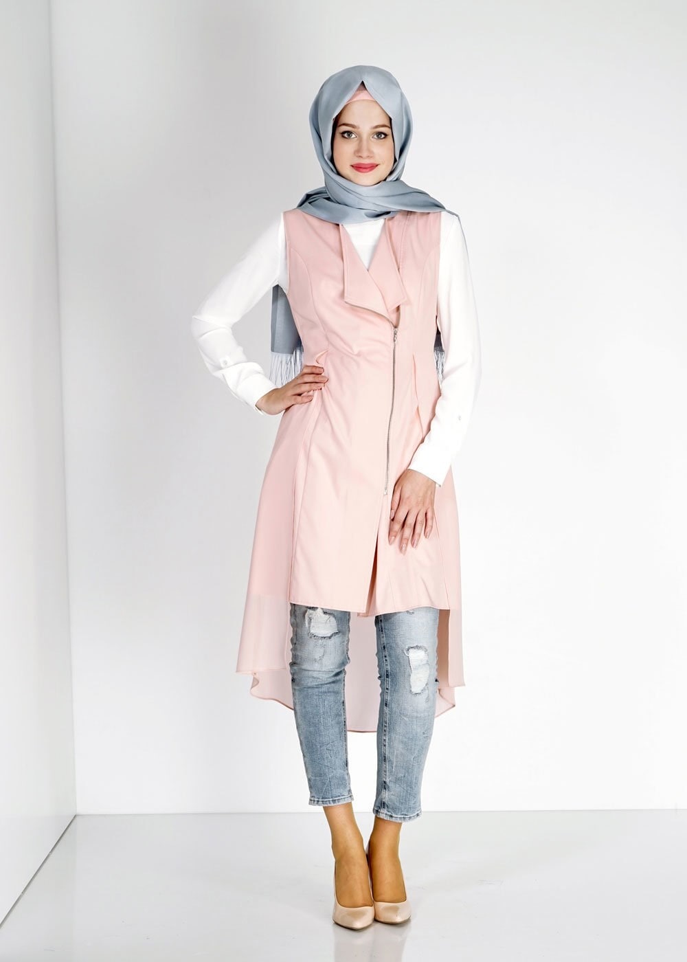 Tesettür giyim PUDRA ASİMETRİK KESİM FERMUARLI YELEK 4794