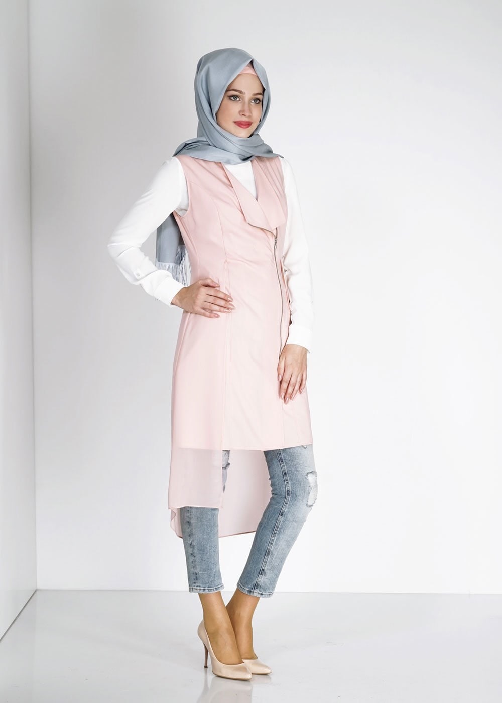 Tesettür giyim PUDRA ASİMETRİK KESİM FERMUARLI YELEK 4794
